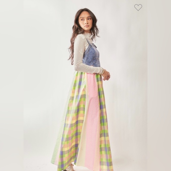Colorful Plaid Denim Top Maxi Dress with pockets. Smocking Back Midi Dress - Picture 5 of 7